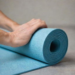 Close-up of a hand holding a rolled-up yoga mat.