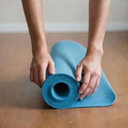 Close-up of a hand holding a rolled-up yoga mat.