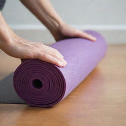 Close-up of a hand holding a rolled-up yoga mat.