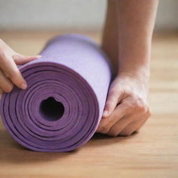 Close-up of a hand holding a rolled-up yoga mat.