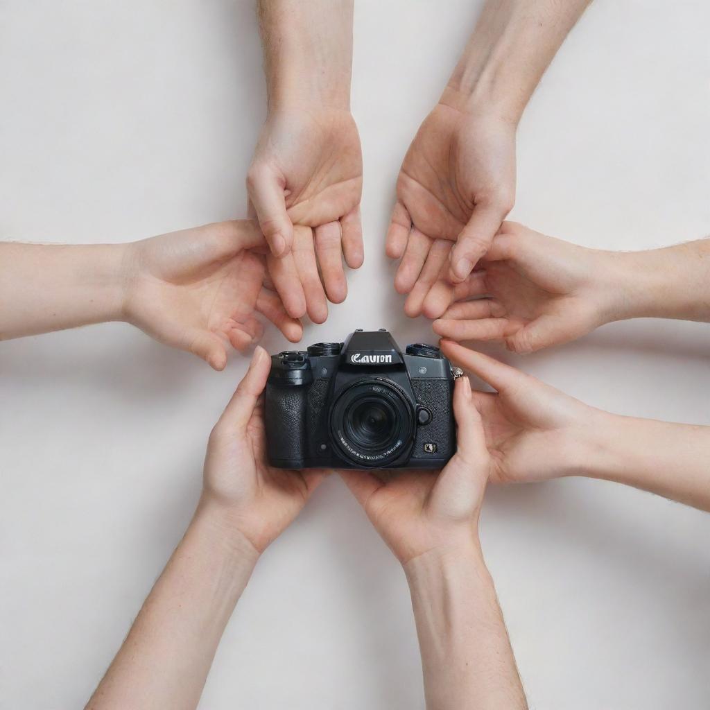 Overhead view of hands reaching out to grasp an expensive camera, positioned against a stark white background.