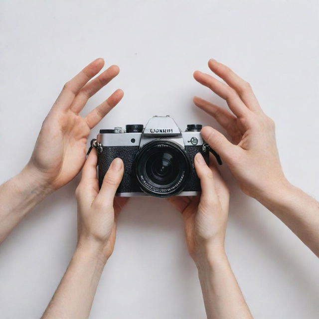 Overhead view of hands reaching out to grasp an expensive camera, positioned against a stark white background.