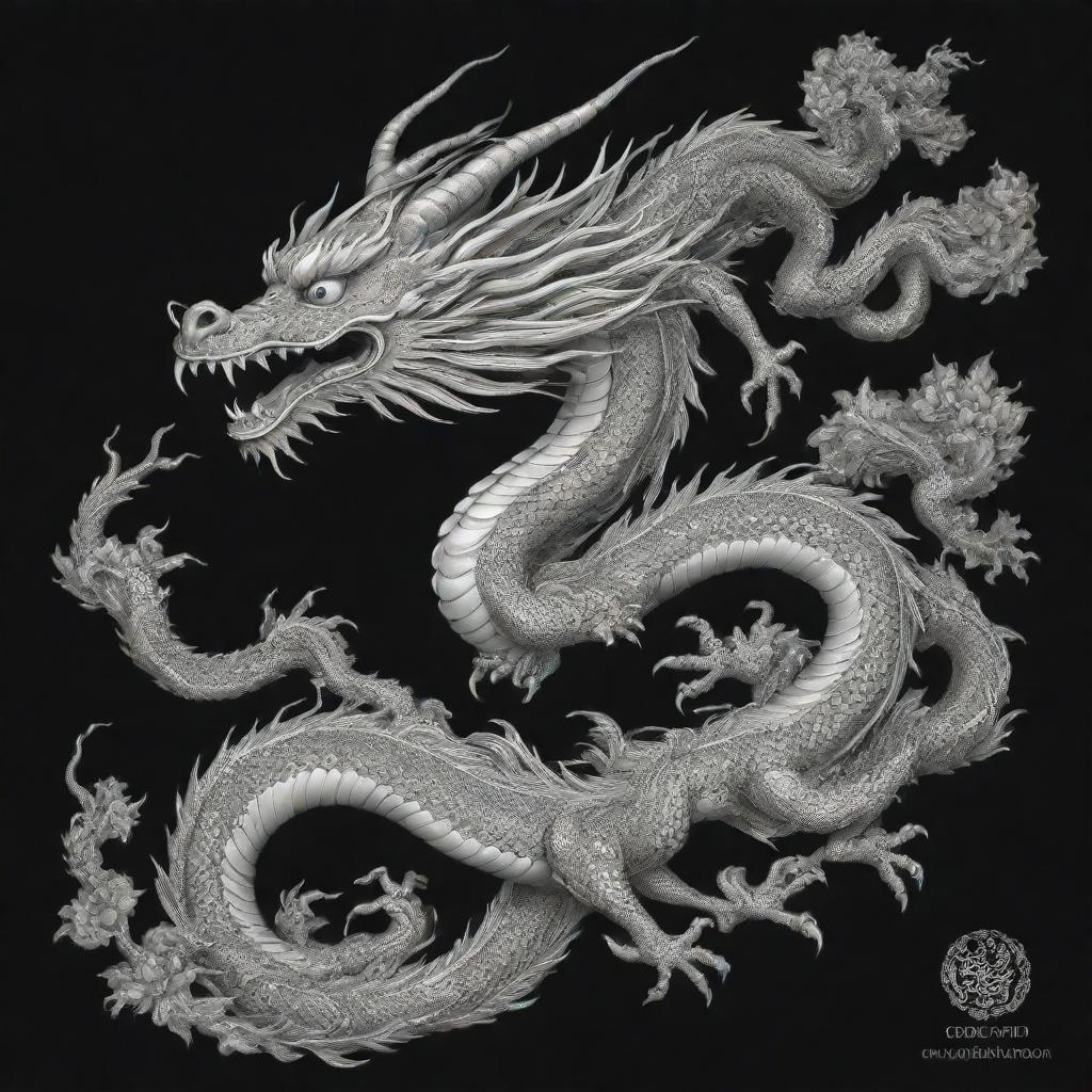 A detailed long flying Chinese dragon, suitable as an intricate tattoo template with traditional Chinese motifs