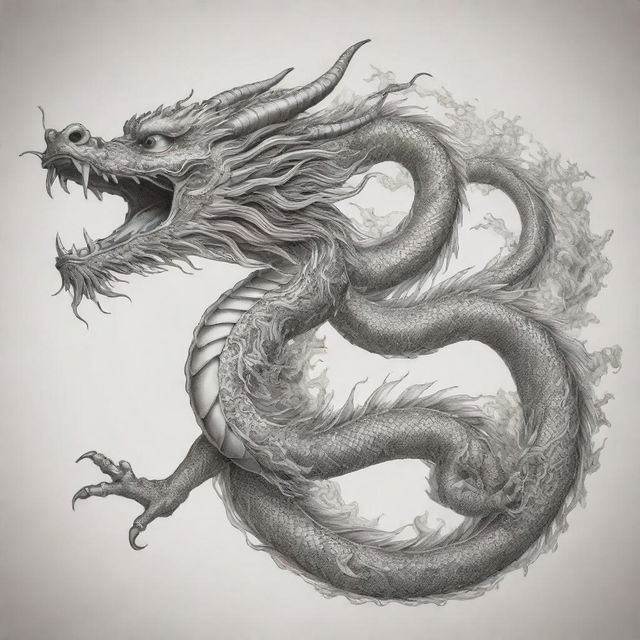 A detailed long flying Chinese dragon, suitable as an intricate tattoo template with traditional Chinese motifs