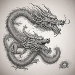 A detailed long flying Chinese dragon, suitable as an intricate tattoo template with traditional Chinese motifs