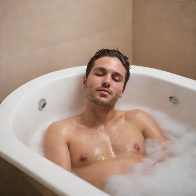 Revise the image to depict the pregnant man experiencing labor pains while submerged in a comfortable bathtub. The atmosphere should be tranquil, with warm ambient lighting and soft bubbles around the man.