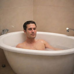 Revise the image to depict the pregnant man experiencing labor pains while submerged in a comfortable bathtub. The atmosphere should be tranquil, with warm ambient lighting and soft bubbles around the man.