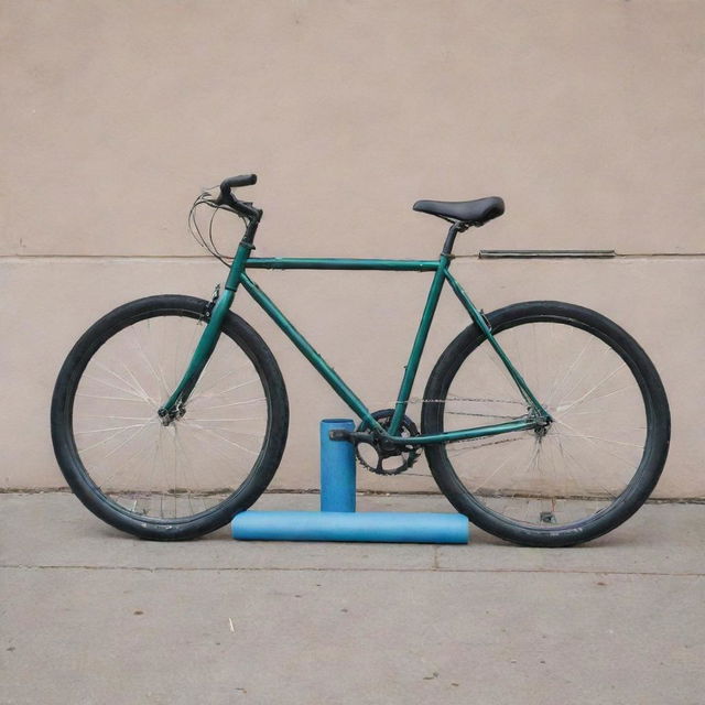 A bike with a rolled-up yoga mat secured to the back.