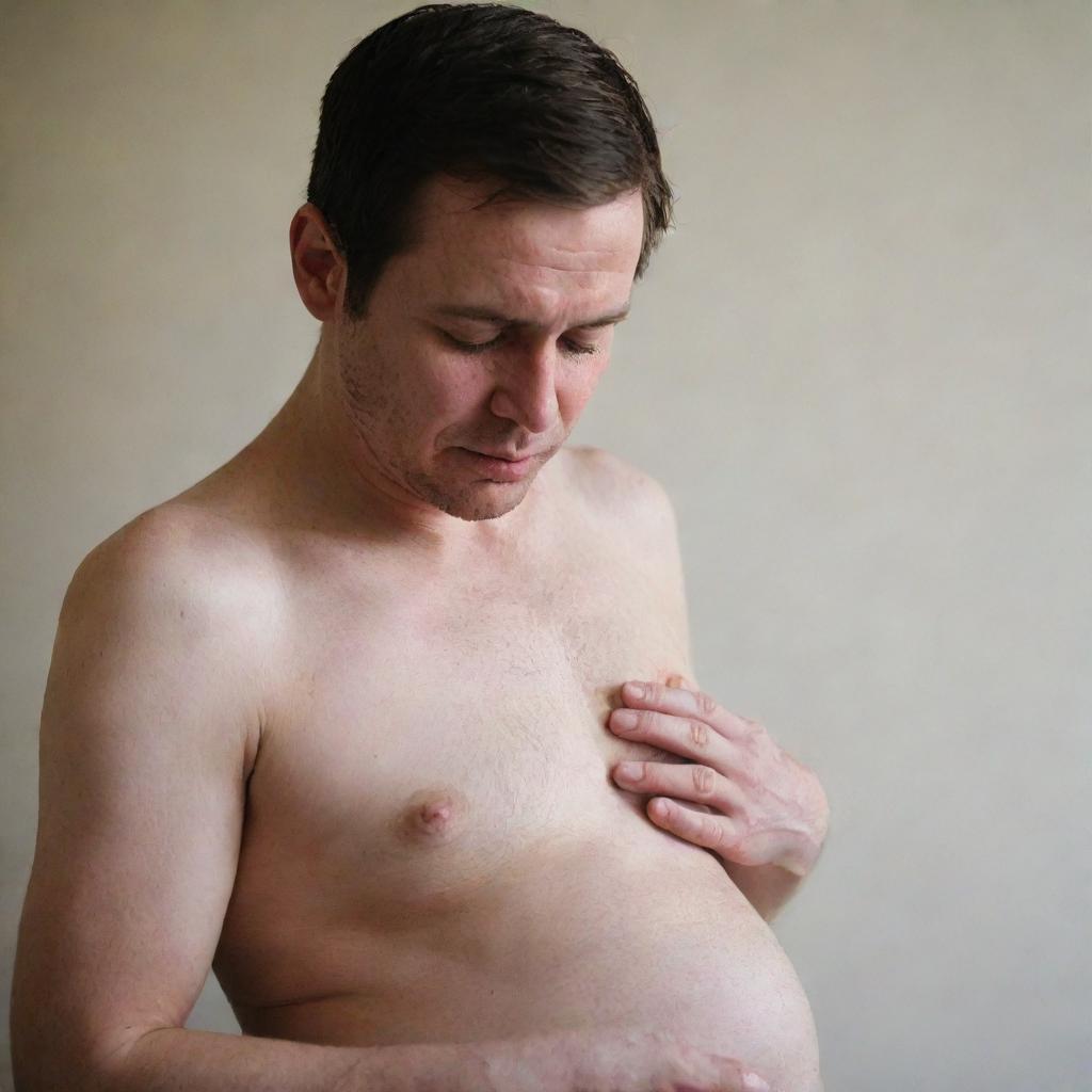 Modify the existing image to reveal the pregnant man in a state of significant strain, now with tears streaming down his face. Maintain the compassionate tone, showing the profound feeling of giving birth to new life.