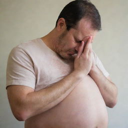 Modify the existing image to reveal the pregnant man in a state of significant strain, now with tears streaming down his face. Maintain the compassionate tone, showing the profound feeling of giving birth to new life.