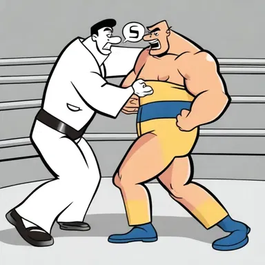 The character in the cartoon took his competitor down with a below the belt move, completely disregarding the rules.