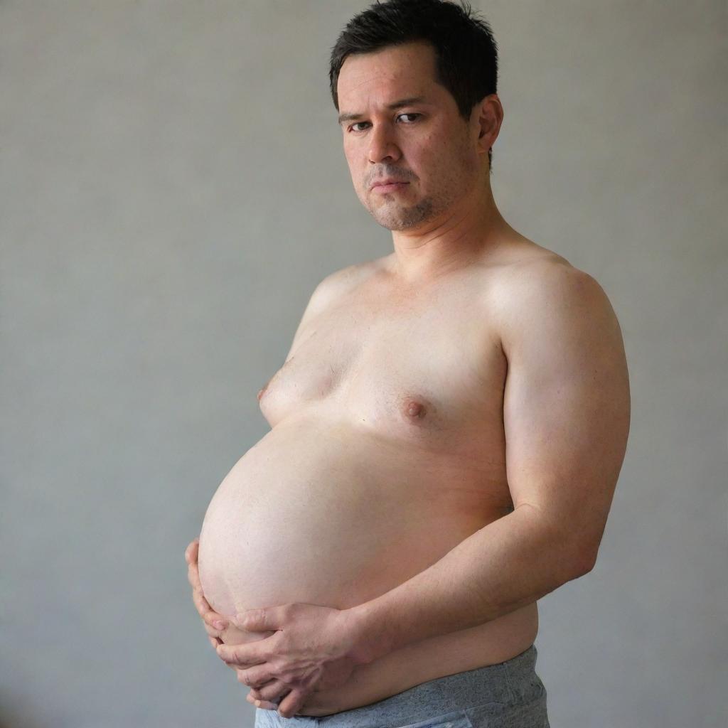 Adapt the image to display the pregnant man in active labor, striving to push with all his might. His facial expression should reflect intense concentration and determination amidst the struggle.