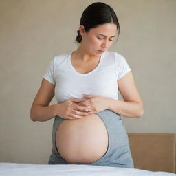 Adapt the image to display the pregnant man in active labor, striving to push with all his might. His facial expression should reflect intense concentration and determination amidst the struggle.