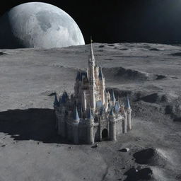 A realistic image of the Magic Kingdom Castle situated on the lunar surface, with the Earth visible in the background.