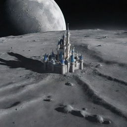 A realistic image of the Magic Kingdom Castle situated on the lunar surface, with the Earth visible in the background.