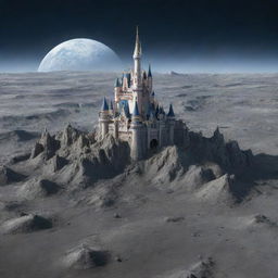 A realistic image of the Magic Kingdom Castle situated on the lunar surface, with the Earth visible in the background.