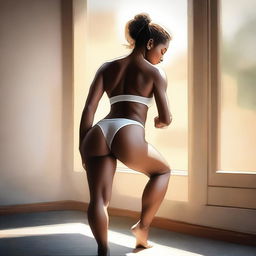 A tasteful, high-quality digital art piece featuring a woman in a relaxed pose, showcasing her well-toned glutes