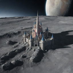 A realistic image of the Magic Kingdom Castle situated on the lunar surface, with the Earth visible in the background.