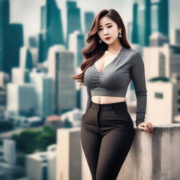 A high-quality photograph of a stylish Korean woman in tight-fitting pants, highlighting her curvaceous figure