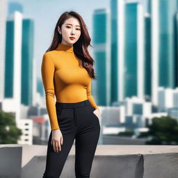 A high-quality photograph of a stylish Korean woman in tight-fitting pants, highlighting her curvaceous figure