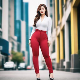A high-quality photograph of a stylish Korean woman in tight-fitting pants, highlighting her curvaceous figure