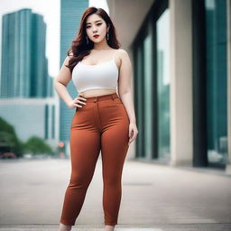 A high-resolution photograph capturing a fashionable Korean woman in tight pants, emphasizing her voluptuous figure