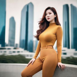 A high-resolution photograph capturing a fashionable Korean woman in tight pants, emphasizing her voluptuous figure