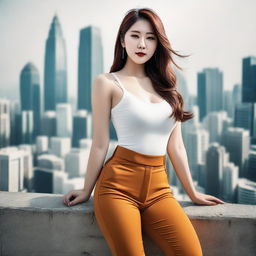 A high-resolution photograph capturing a fashionable Korean woman in tight pants, emphasizing her voluptuous figure