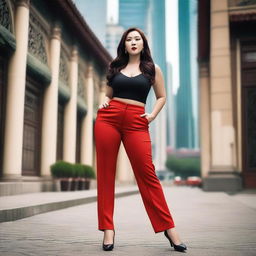 A high-quality image featuring a stylish Chinese woman in form-fitting pants, accentuating her curvaceous figure