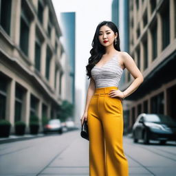 A high-quality image featuring a stylish Chinese woman in form-fitting pants, accentuating her curvaceous figure