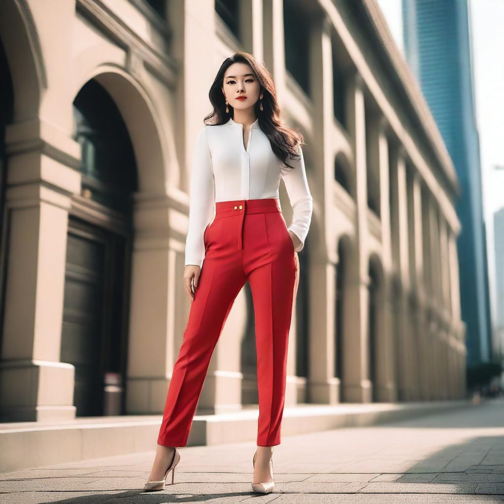 A high-quality image featuring a stylish Chinese woman in form-fitting pants, accentuating her curvaceous figure