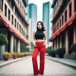 A high-quality image featuring a stylish Chinese woman in form-fitting pants, accentuating her curvaceous figure