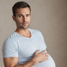 Generate an image of a handsome man who is visibly pregnant. Make sure to highlight his attractive qualities such as his deep-set eyes, strong jawline, while also depicting his large baby bump prominently.