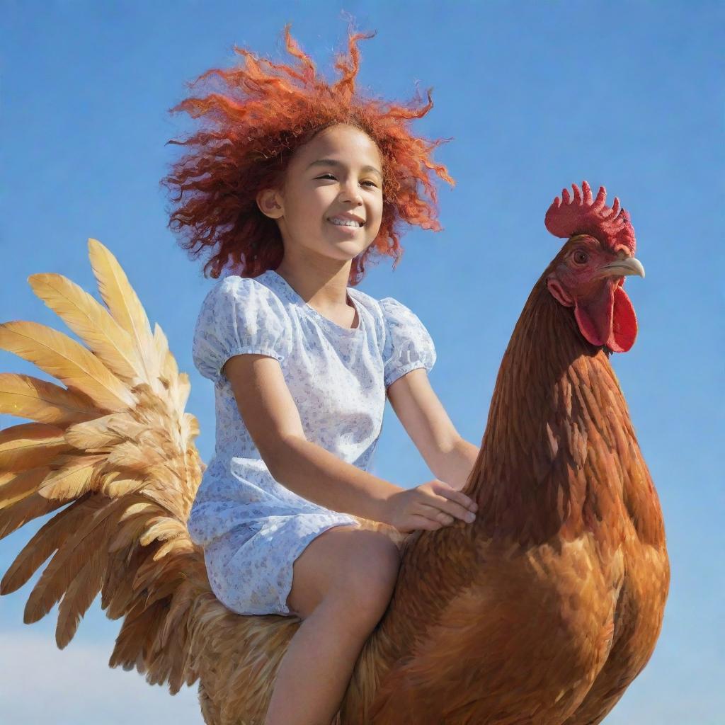 A youthful girl with vibrant hair, riding joyously on a large, feathery chicken under a clear sky.