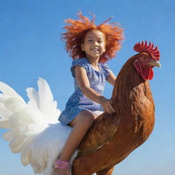 A youthful girl with vibrant hair, riding joyously on a large, feathery chicken under a clear sky.