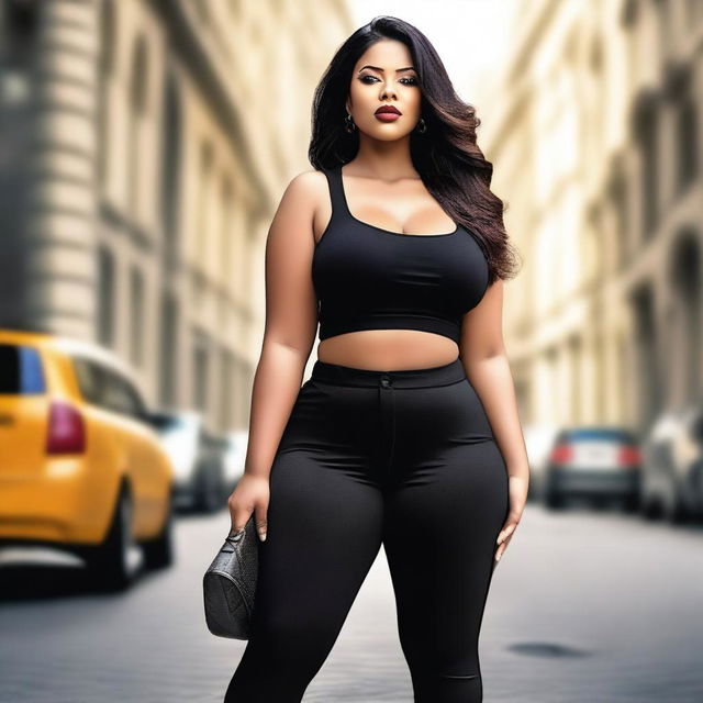 An image showcasing a beautiful woman with a voluptuous figure, wearing tight black pants