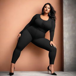 An image showcasing a beautiful woman with a voluptuous figure, wearing tight black pants