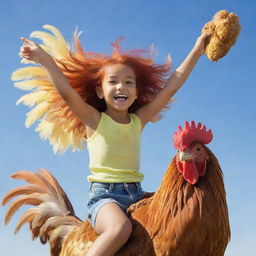 A youthful girl with vibrant hair, riding joyously on a large, feathery chicken under a clear sky.