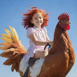 A youthful girl with vibrant hair, riding joyously on a large, feathery chicken under a clear sky.