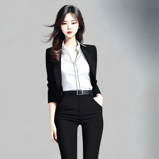 A digital art image of a stunning South Korean beauty wearing black tight pants