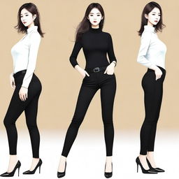 A digital art image of a stunning South Korean beauty wearing black tight pants