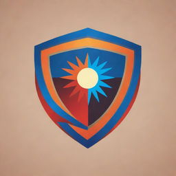 Design a striking image of a logo featuring a vibrant shield and sun using a color palette of blue, red, brown, and orange.