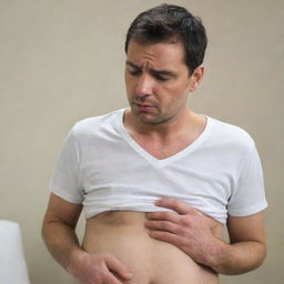 Alter the current image to show the handsome, pregnant man experiencing significant labor pains. His face should showcase a mixture of anguish and determination, underlining the tangible strain yet maintaining his attractive features.