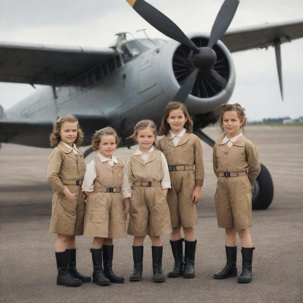 Several small girls dressed in vintage pilot outfits, confidently standing near a fully-equipped propeller plane.