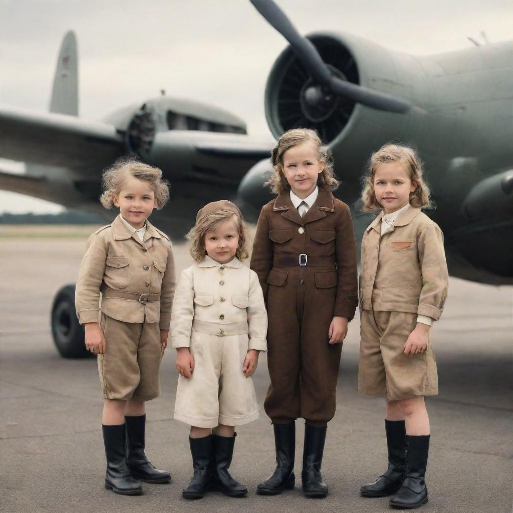 Several small girls dressed in vintage pilot outfits, confidently standing near a fully-equipped propeller plane.