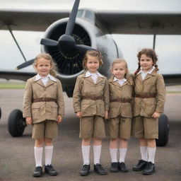 Several small girls dressed in vintage pilot outfits, confidently standing near a fully-equipped propeller plane.