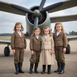 Several small girls dressed in vintage pilot outfits, confidently standing near a fully-equipped propeller plane.