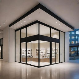 An elegant showroom front, with tall glass windows showcasing a well-lit interior. Attractive signs, contemporary design, neatly displayed products are visible.