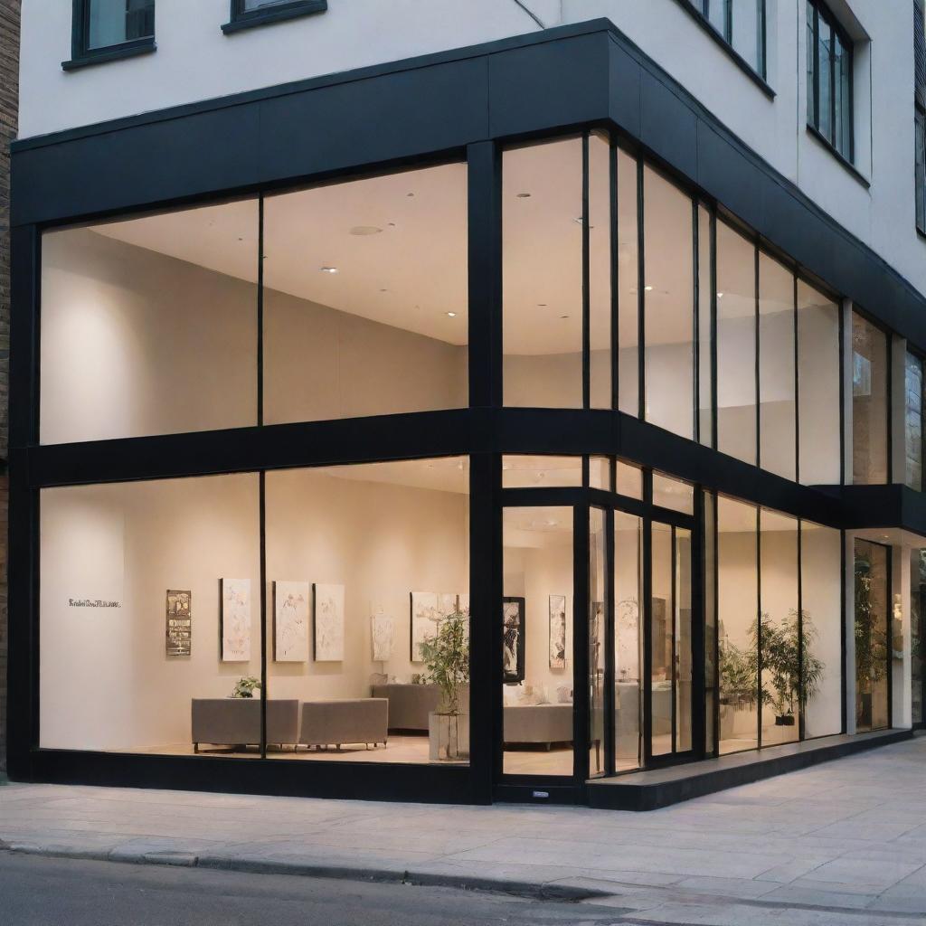 An elegant showroom front, with tall glass windows showcasing a well-lit interior. Attractive signs, contemporary design, neatly displayed products are visible.