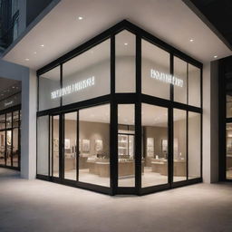 An elegant showroom front, with tall glass windows showcasing a well-lit interior. Attractive signs, contemporary design, neatly displayed products are visible.